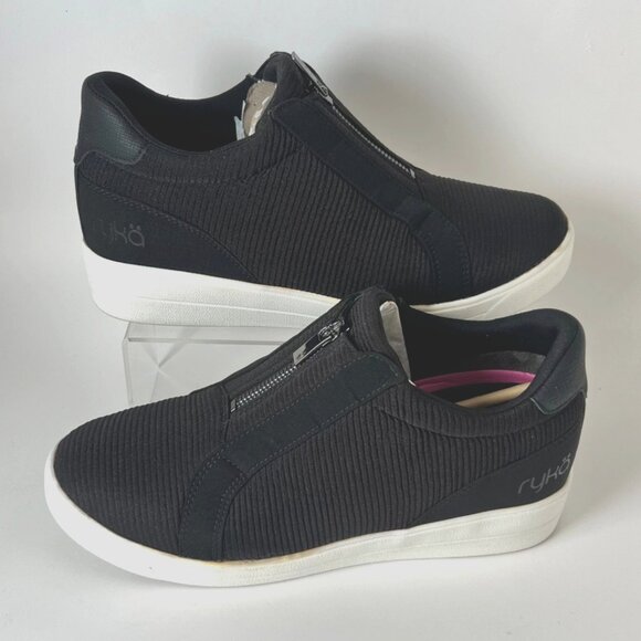 Ryka Women Black White Wedge Slip-On Zip Sneakers Size 8 - Picture 1 of 11